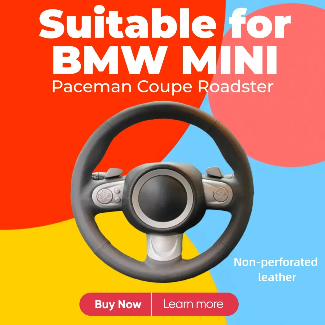 Hand Sewn Full Wrap Non-Perforated Leather Steering Wheel Cover for BMW MINI Paceman, Coupe, Roadster