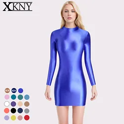 XClocKNYoung satin glossy Dress Elastic Oil high neck long sleeve long dress satin glossy Classic Silk Wrap Hip One Step Dress