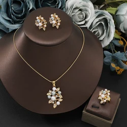 New jewelry set for Women's Leaf pendant necklace + earrings + ring stainless steel golden Zircon Pearl Choker Holiday Gifts