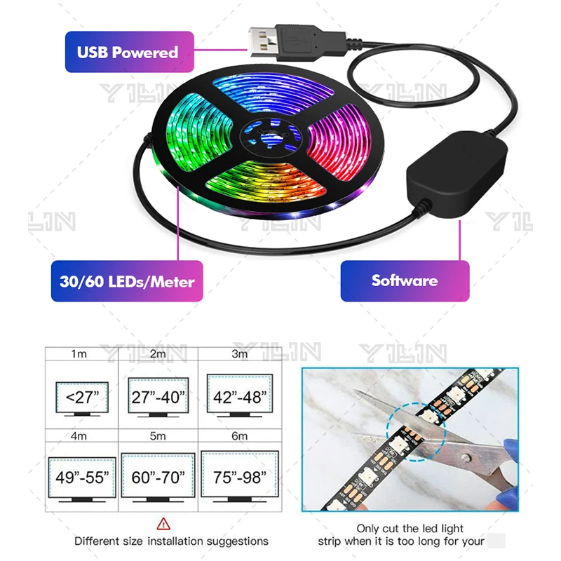 Immersive RGBIC LED Strips USB 5V PC Background Computer Light Strip Monitor Screen Color Sync Smart Control Ambient Decor Lamp