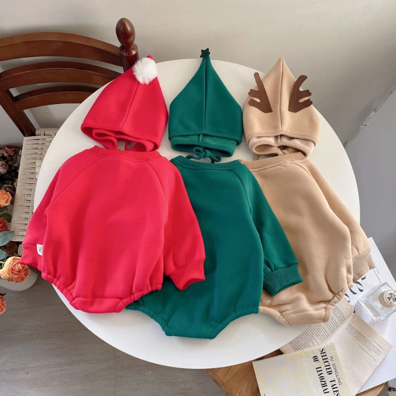 Unisex Baby Christmas Fleece Onesie with Hat - Cute Santa & Reindeer Pattern, Warm Triangle Romper for Autumn & Winter