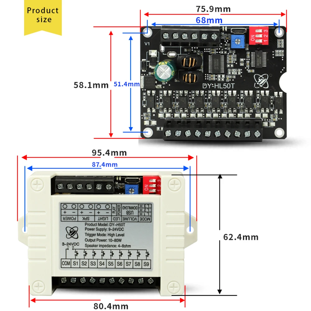 DC9-24V 60W power voice broadcasting prompt module high and low level trigger one-on-one MP3 playback TF card USB drive