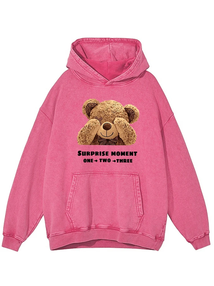 Surprise Moment And Blindfold Bear Print Women Distressed Washed Hoodie Loose Comfortable Cotton Hoody Autumn Casual Warm Tops