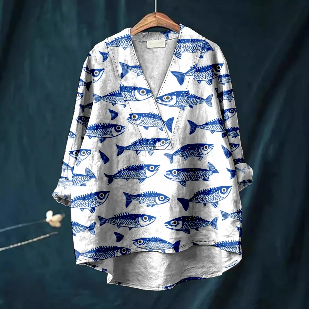 

Женская повседневная рубашка с v-образным вырезом и принтом японской сайры, блузка-кимоно в стиле Харадзюку, хипстерские рубашки, уютный топ, летняя пляжная одежда,