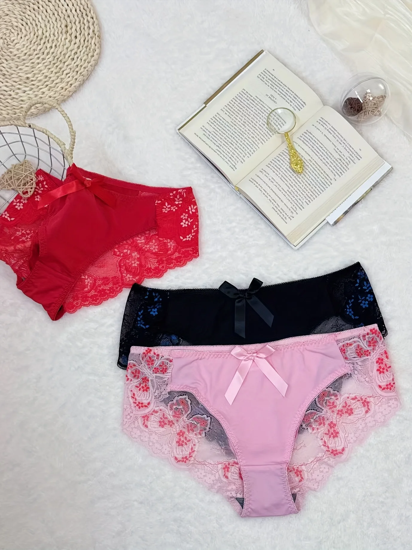 Calzoncillos de encaje sexy para mujer, talla grande, paquete de 3 unidades, con lazo, diseño floral, tejido de malla, suaves, cómodos, ideales para el uso diario.