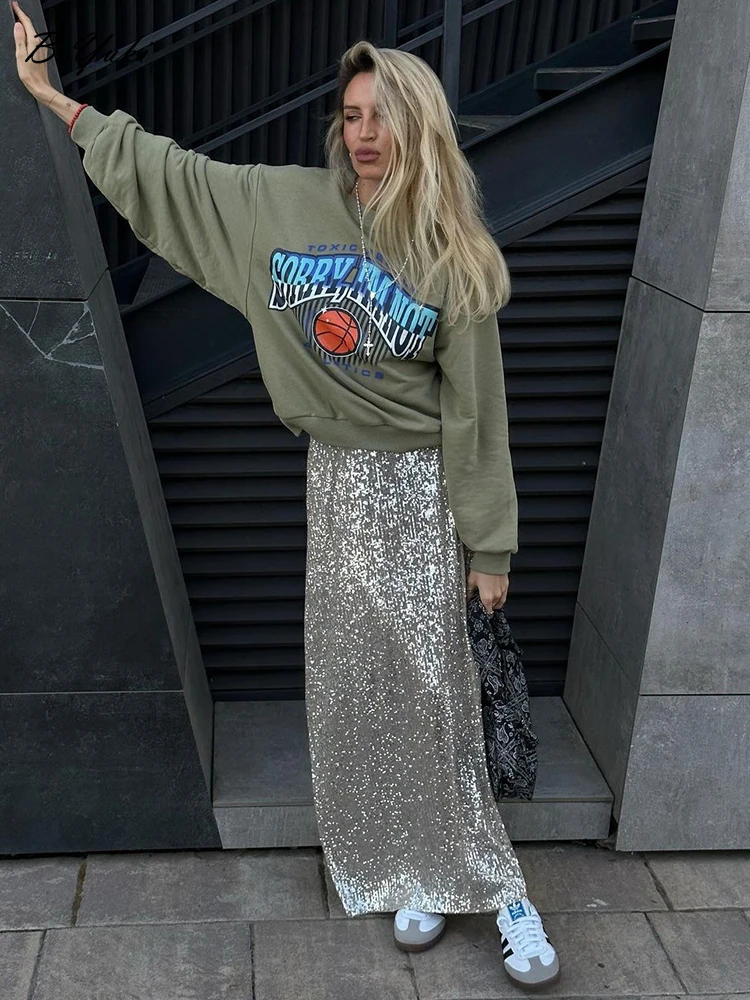 

Blessyuki Fashion Sexy Sequin Skirt Woemn Autumn Winter New Streetwear A Line Long Dress Femael Korean Elegant Evening Dress