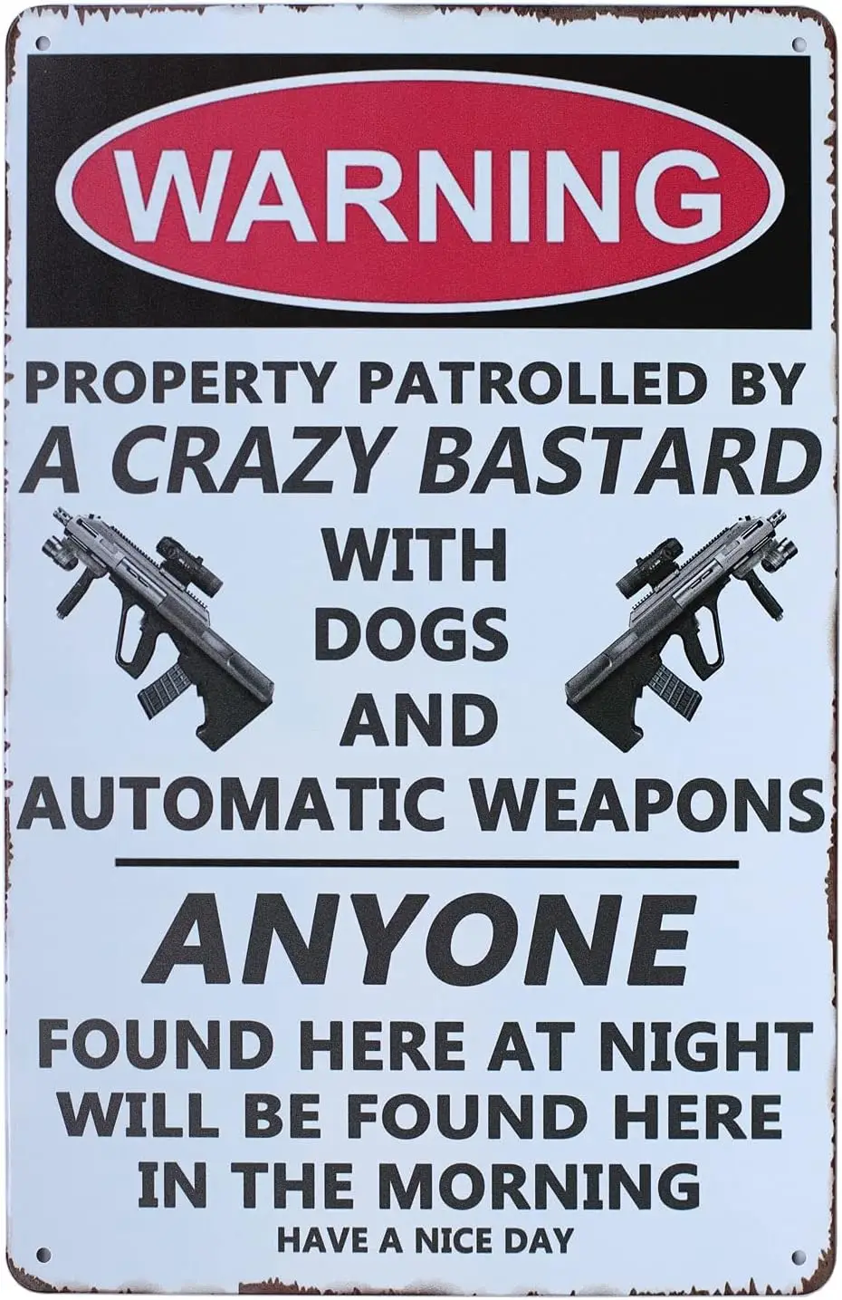SUMIK Warning Property Patrolled by A Crazy BAS, Funny Metal Tin Sign, Vintage Plaque Home Wall Decor