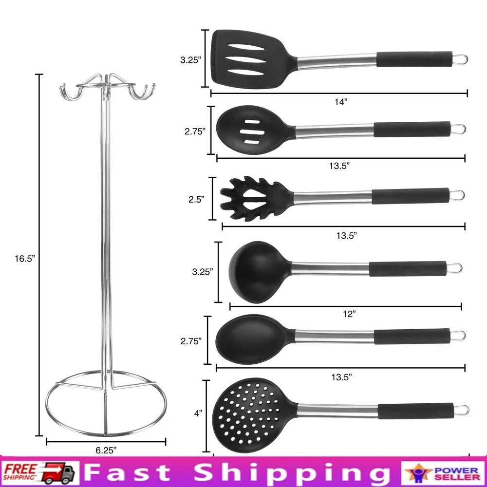 

Stainless Steel Silicone Kitchen Utensils Set 7 Piece with Holder Nonstick Cooking Tools Space Saving Design Easy Access