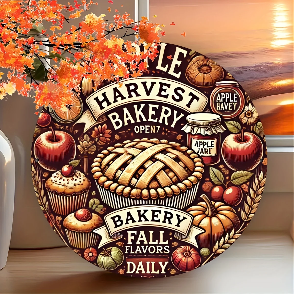 An Aluminum Sign with a Fall Theme, an 20.32X20.32 cm Round Tin Foil Engraved Plaque, Perfect for a Bakery That Is Open Daily, S