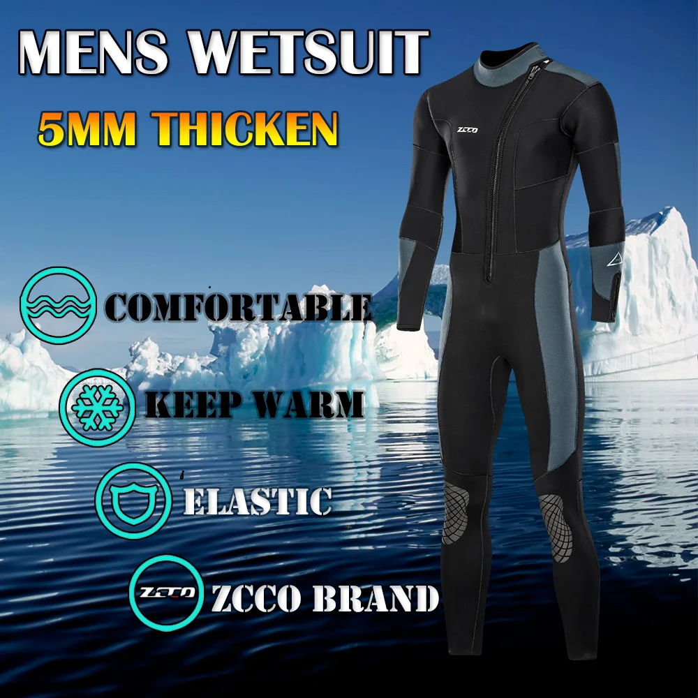 Traje de buceo grueso de 5mm para hombre, neopreno con cremallera frontal, traje de buceo para surf, caza, protección UV, mantiene el calor, traje