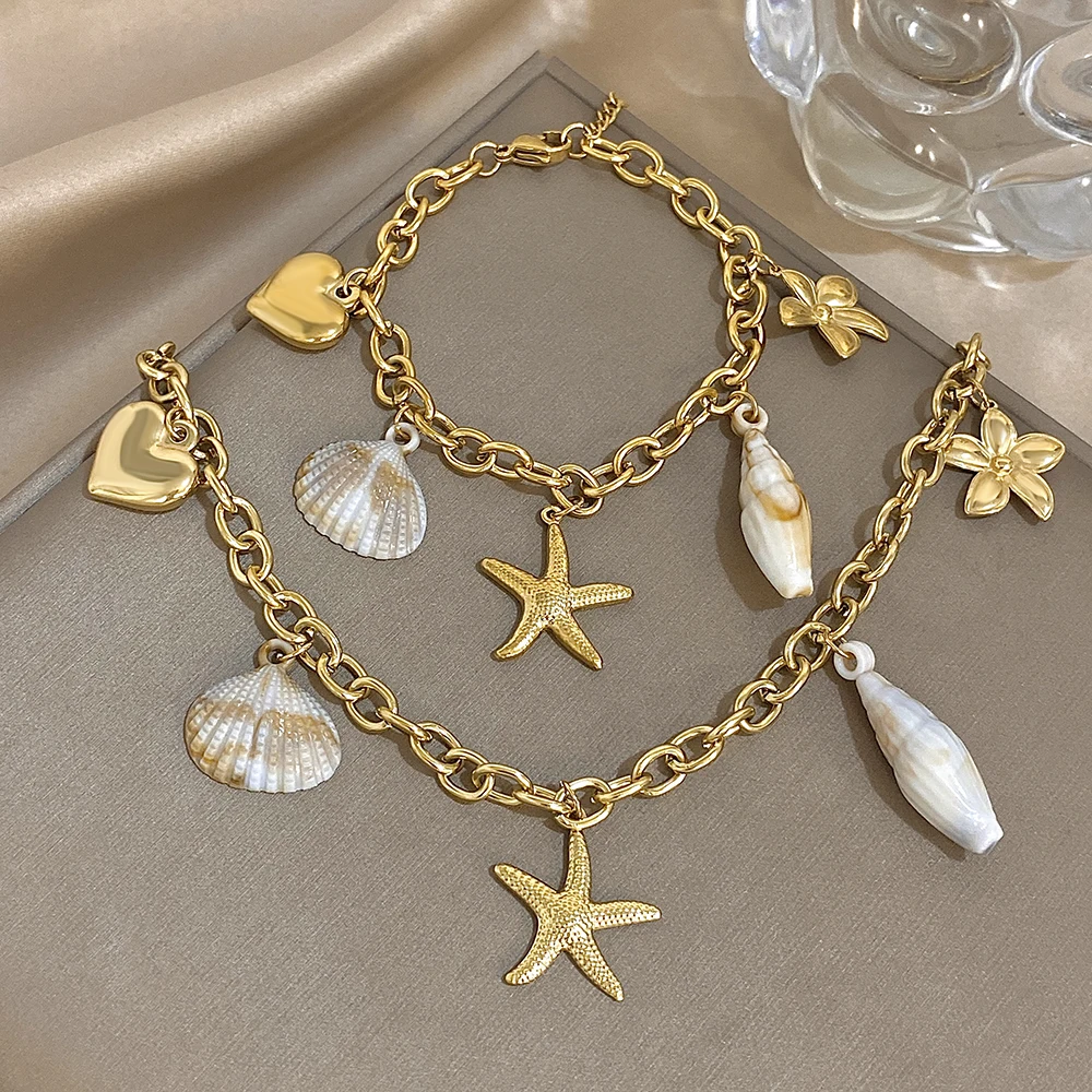

DODOHAO Starfish Shell Jewelry Sets Pendant Necklaces Charms Bracelets Ocean Style For Women Stainess Steel Fashion Jewelry