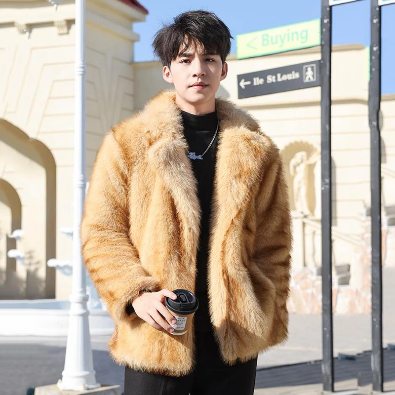 PFHQ Men's Faux Fur Jacket Autumn Winter Turn-down Collar Long Sleeve 2024 Solid Color Korea Fashion Male Tops