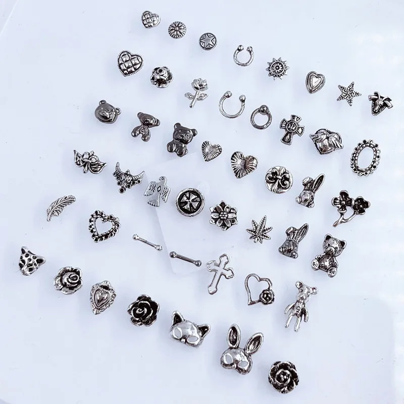 10Pcs/Lot Korea Metal Alloy Nail Art Parts Vintage Heart Flower Loop Bear Maple Leaf Stick 3D DIY Accessories Stickers Charms