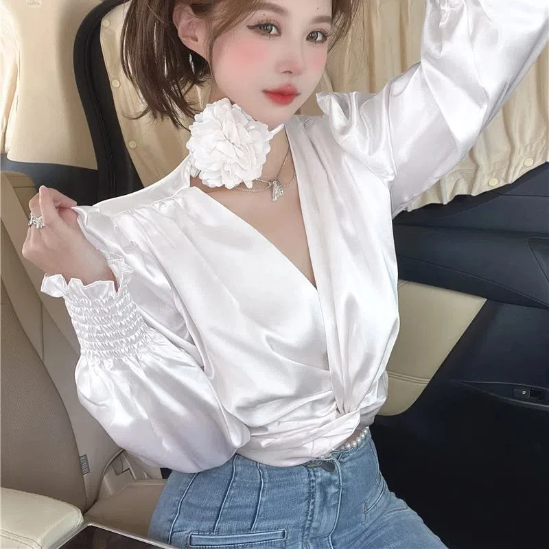 French Bubble Sleeve Shirt Women's New Super Fairy Internet Red Short Style Hanging Neck Flower Korean Fashion Top