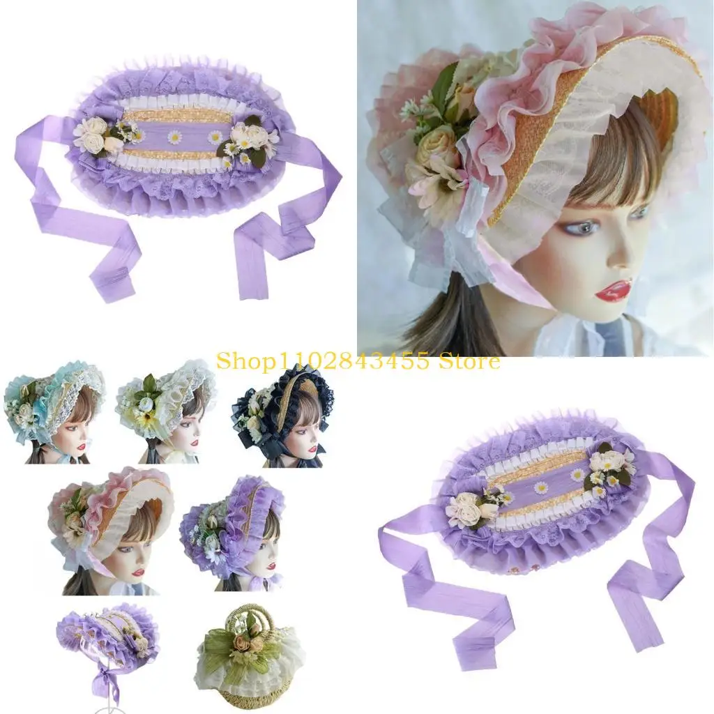 

49MC Victorian Bonnet Lace Fascinators For Women Teas Party Sun Hat Victorian Headdres