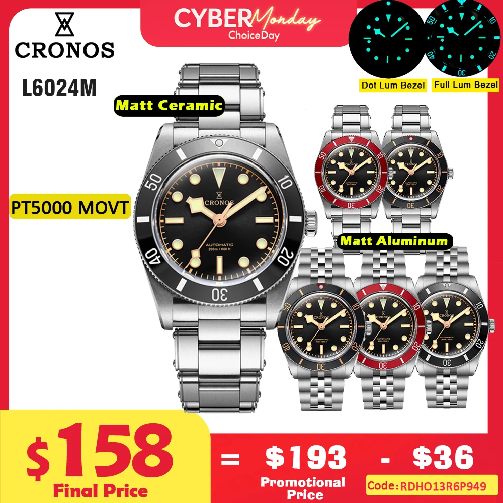 Cronos Luxury Men Watch 37mm Diver BB54 Vintage Automatic Wristwatches PT5000 Matt Aluminium Bezel 5 Links Sapphire 20 Bar L6024