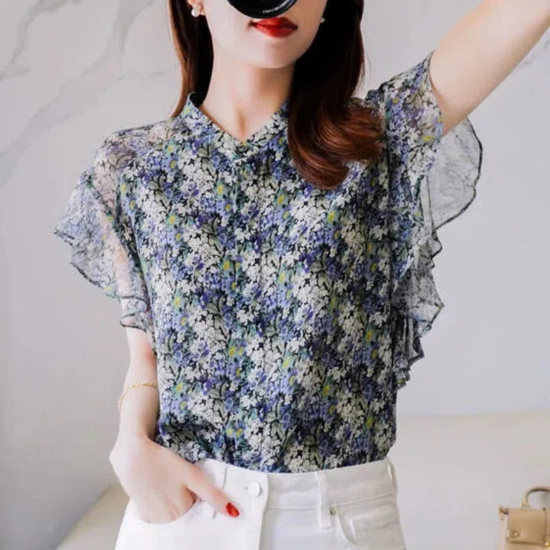 Korean Fashion Summer New Women\'s O-Neck Printing Ruffles Button Temperament Casual Versatile Loose Short Sleeve Shirts Tops