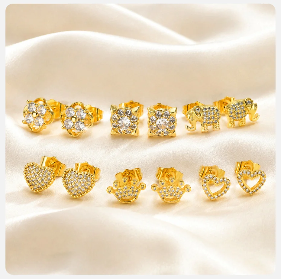 Vnox Trendige Kubische Zirkonia Elefanten-Ohrringe für Frauen 18K Vergoldete Niedliche Herz-Blumen-Ohrstecker Piercing-Ohrringe Täglicher Schmuck – Detail 9
