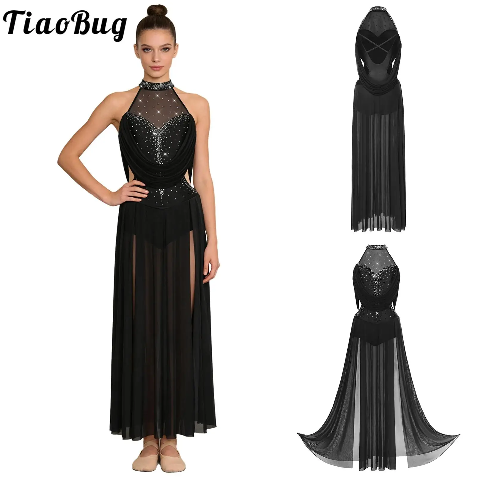 

Женский танцевальный костюм без рукавов для лирического и современного танца, с пайетками, открытой спиной, пуговицами на промежности, леотард с разрезом, длинное сетчатое платье