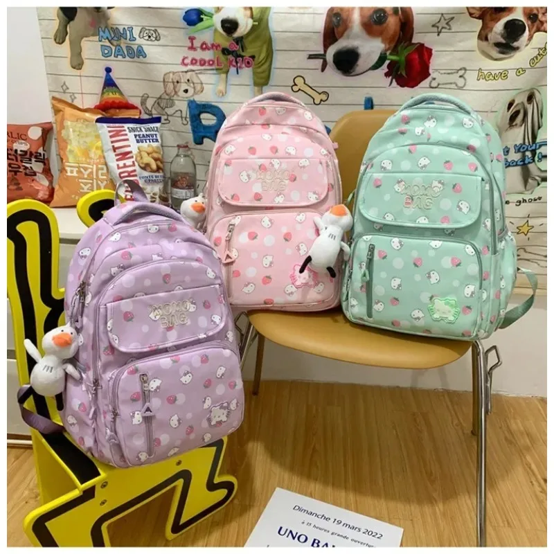 Sanrio-Hello Kitty Schoolbag para meninas, grande capacidade, luz, fofo, estudantes, crianças, menina, jardim de infância