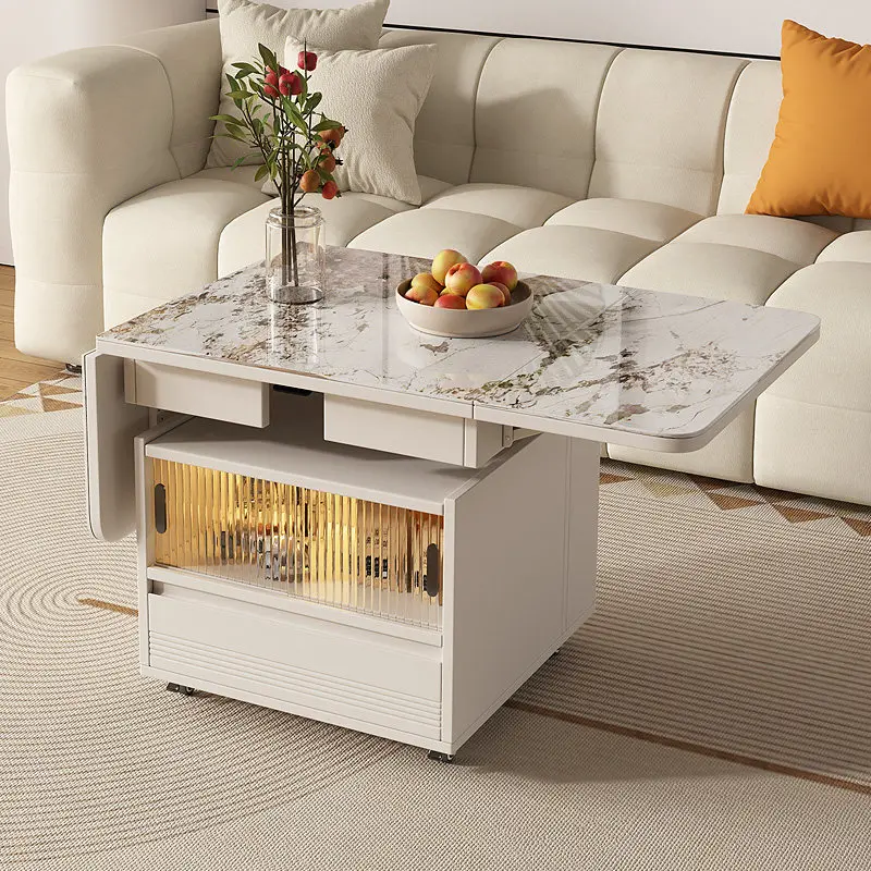 Lift Fold Coffee Table Sintered Stone Multi Desk Glass Sensor Light Storage Mobile Living Room Furniture Scratch Resistant Easy