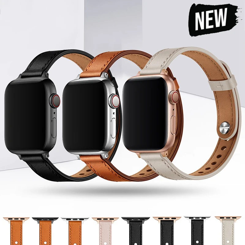 

Тонкий кожаный ремешок для Apple Watch Band Ultra 44 мм 45 мм 40 мм 41 мм 38 42 мм 49 мм Стильный браслет для iWatch Series 9 8 7 6 SE 4 3