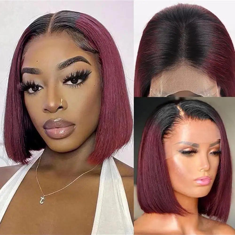 1B/99j Short Straight Bob Wigs Burgundy Bob Wig Human Hair For Women 180% Density Pre Plucked 13x4 Lace Frontal Human Hair