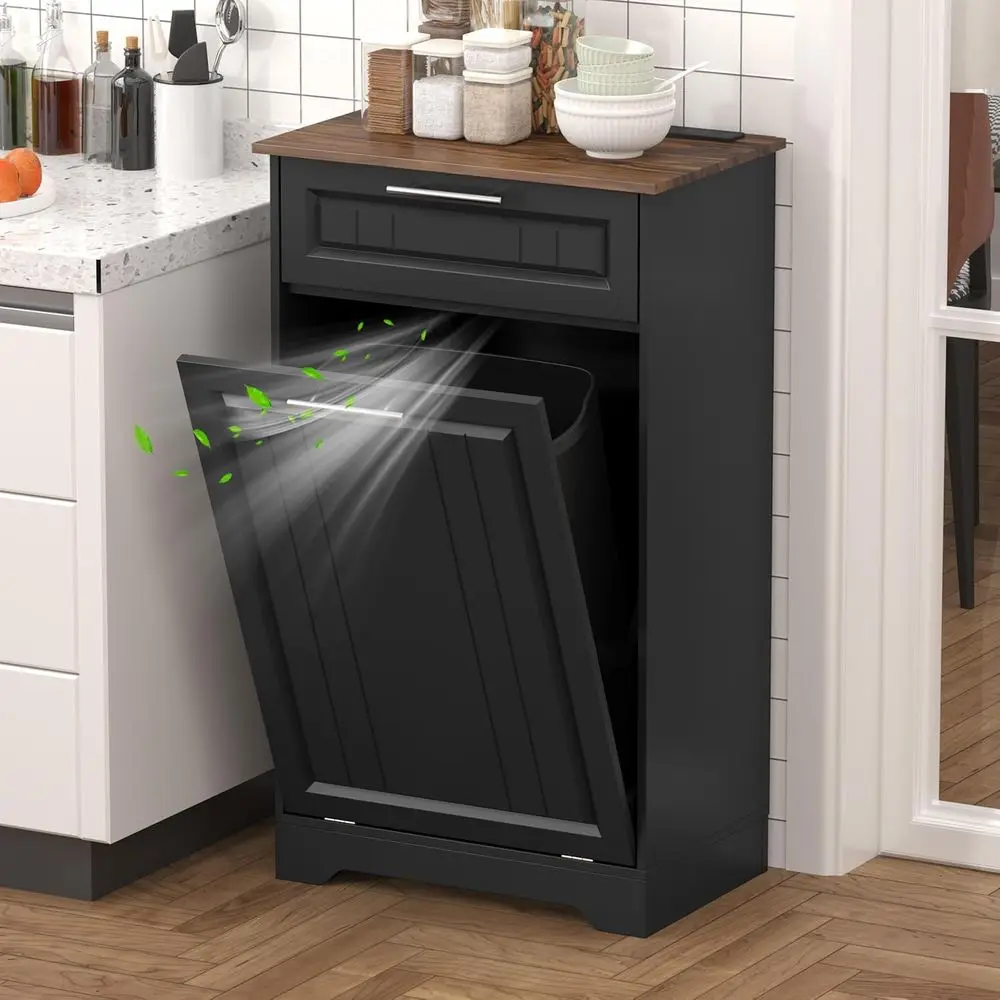 

10 Gallon Wooden Tilt-Out Trash Cabinet with Storage Drawer and Deodorizing, Black Laundry Hamper Holder