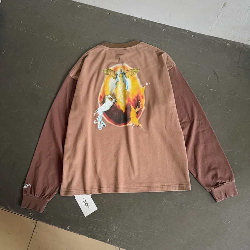 Men Women Hip Hop Damaged Hole Patchwork Sleeves T-Shirt 100% Cotton Graphics Print Brown Protocol Index Long Sleeve T Shirt
