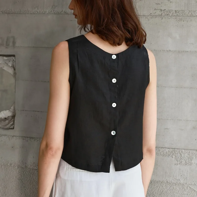 Retro 100% Linen White Crop Tank Tops Women's Front And Back Two Wear O-neck Button Up Summer Sleeveless Streetwear Chic Vest
