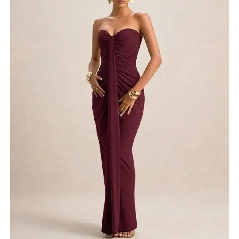 Robes pour femmes 2026 Nouvelle collection Printemps-Été Couleur unie Coupe ajustée Froncée Moulante aux hanches Sans manches Élégante Robe longue