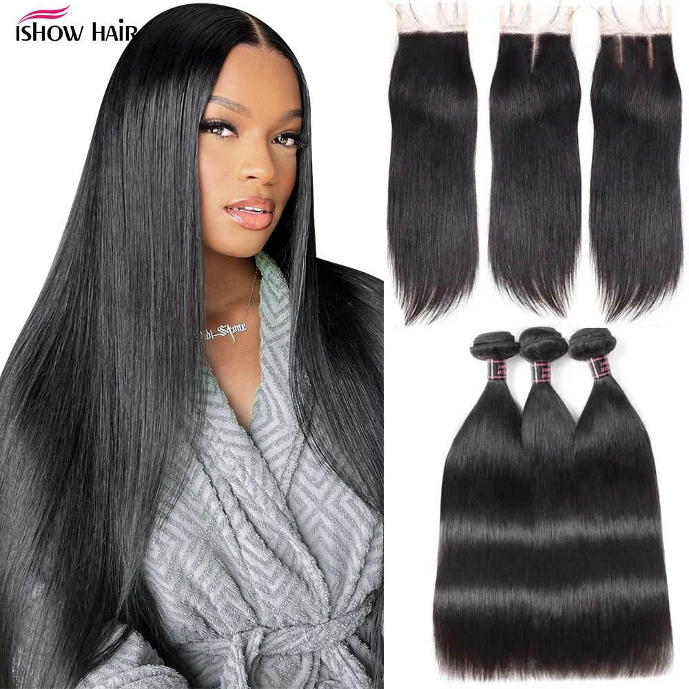 Ishow Straight Hair Bundles with Closure Peruvian Hair Bundles with Closure Human Hair Bundles and Closure for 4x4 Closure Wig