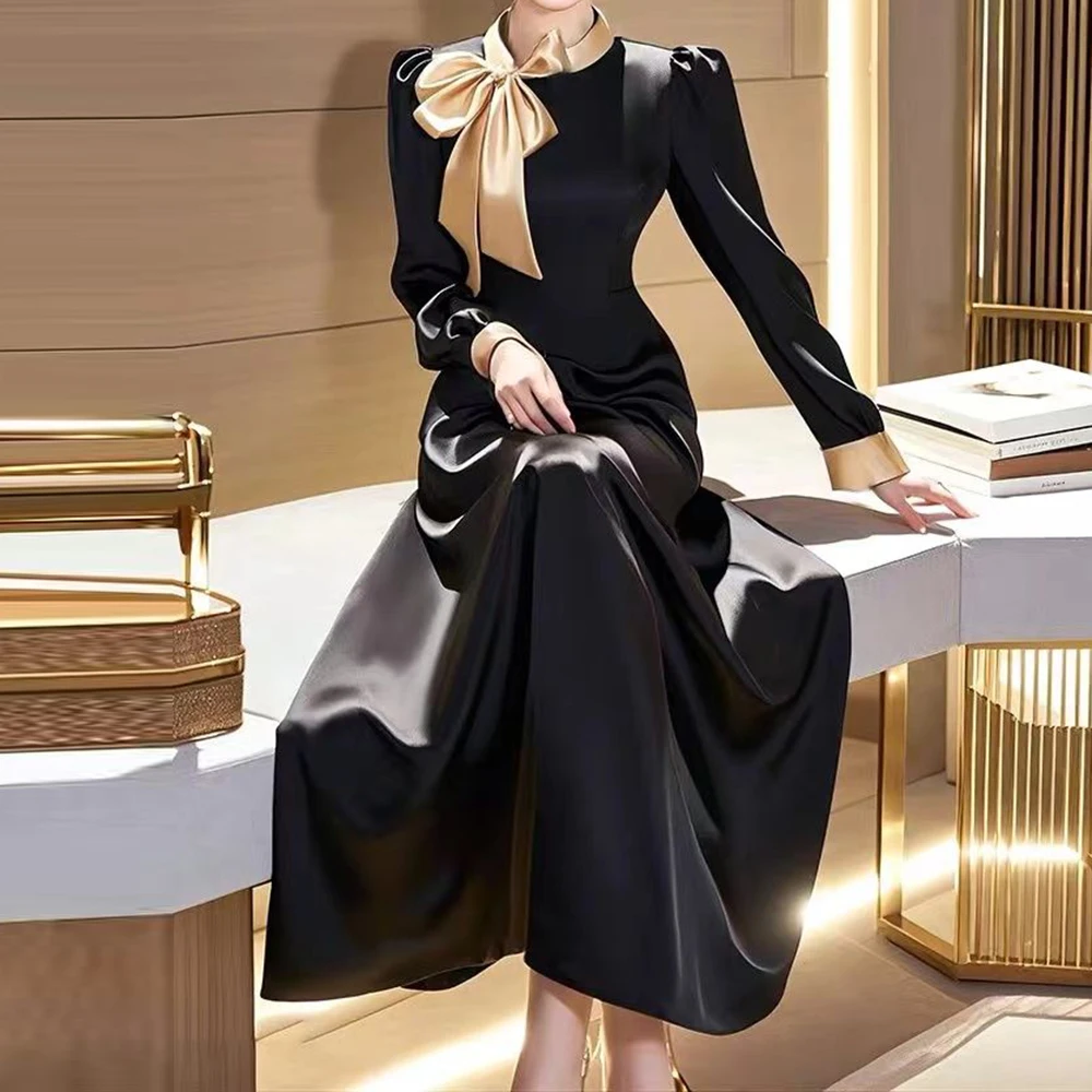

2025 early autumn women's black satin long-sleeved dress formal settings high-end French waist bow dress