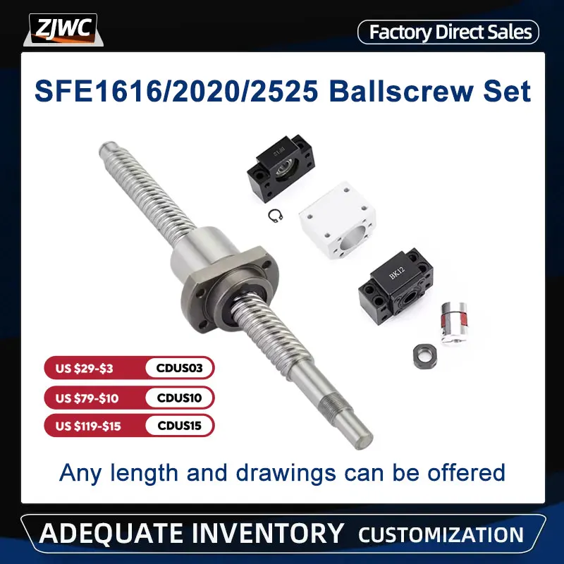 25mm SFE2525 Large Lead BallScrew Kit With BSG2525H Nut Housing BKBF End Support+Coupling for CNC XYZ Axis Milling For CNC Parts