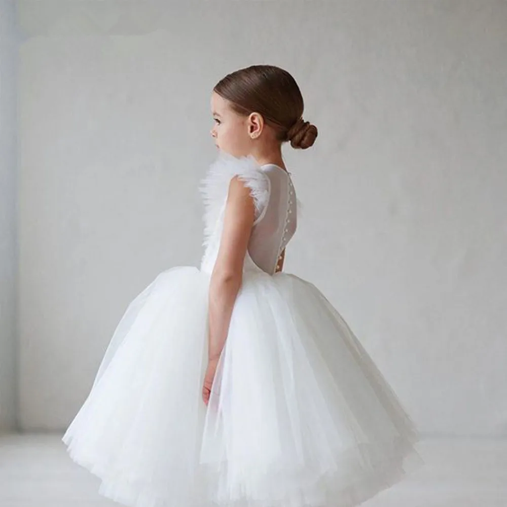 Stylish White Flower Girls Dress for Wedding Party High Neck Baptism Gowns Tulle Full Sleeve Appliques Kid Holy Communion Gown