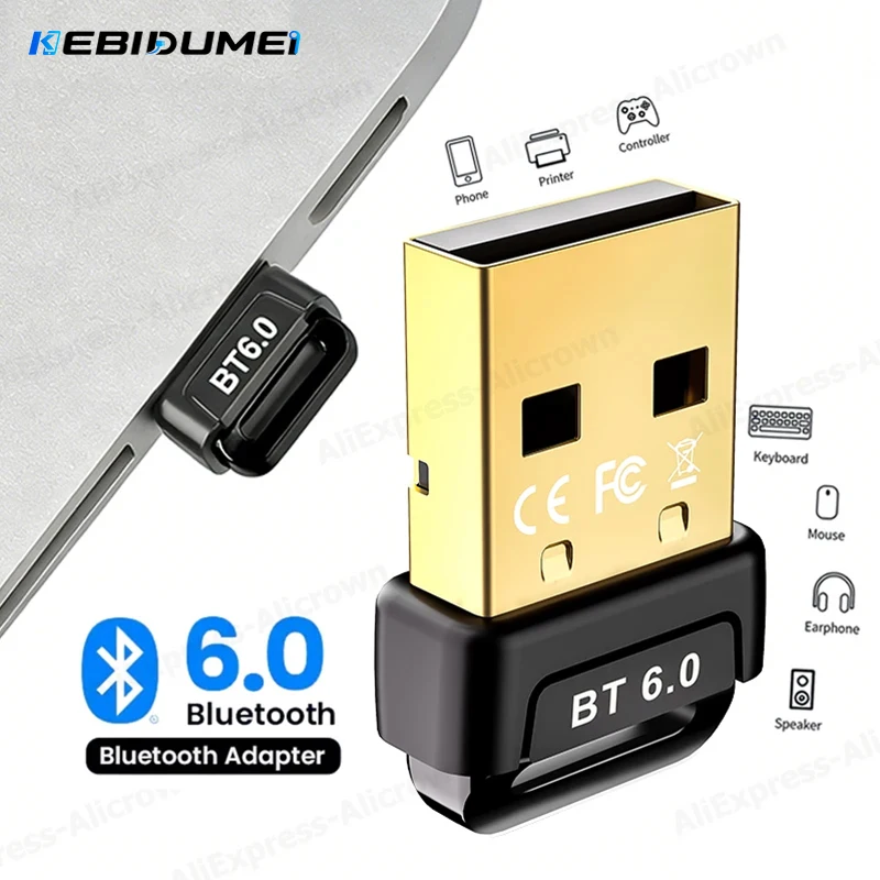 

KEBIDUMEI USB Bluetooth 6.0 Adapter Bluetooth5.4 Dongle Adapter for PC Windows 11/10/8.1 Receiver Transmitter for Keyboard Mouse