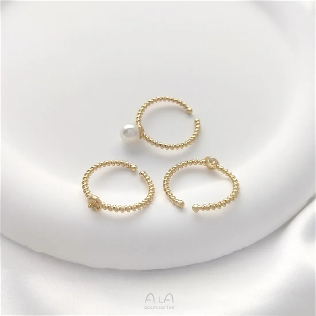 14K Gold-Color Half-hole Bead Holder Ring, Twist Ring Setting, DIY Sticky Pearl Open Ring Ring, Handmade Material B708