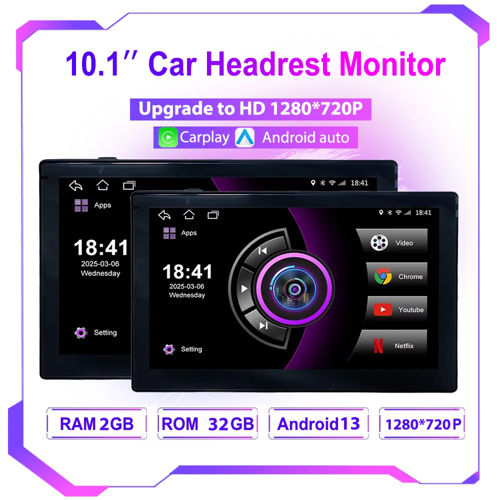 Incell 10.1 Inch Car Headrest Monitor For Back Seat Android 13 Portable Multimedia Video Player Carplay Android Auto HDMI Input