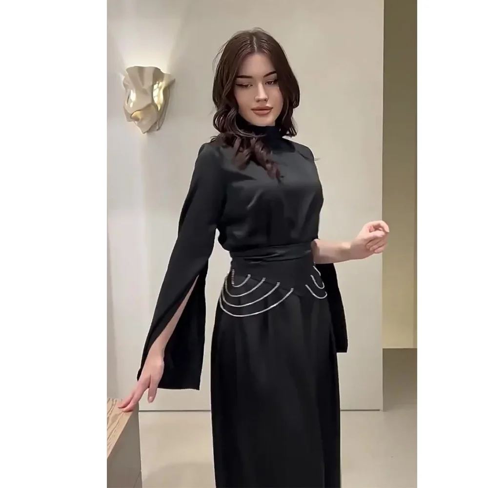 Satin Elegant Palace Style Half High Collar Long Lantern Sleeves Dresses Vintage Evening Partywear Ladies Long Dress