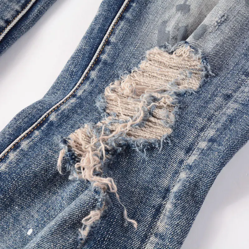 Fashionable new men's jeans stretch slim fit washed blue distressed patch painted jeans high street hip-hop brand pants hombre