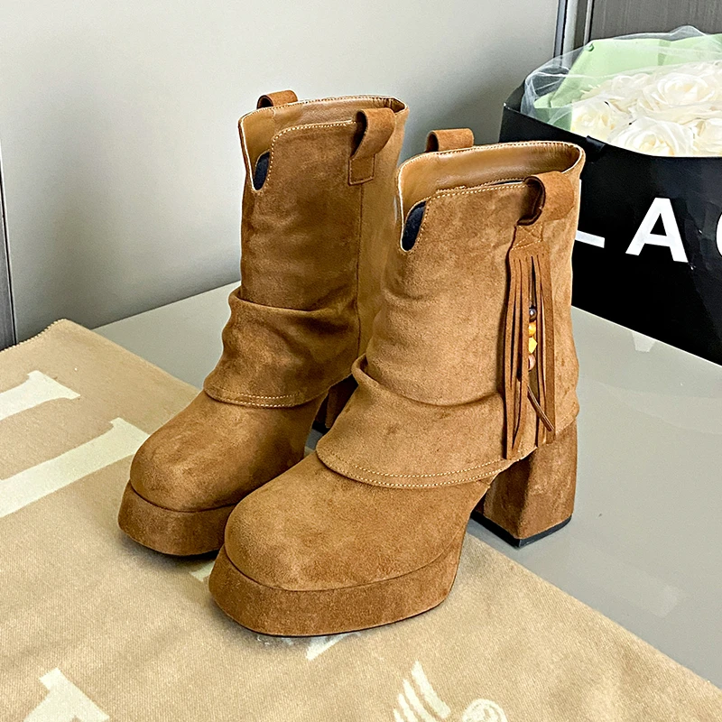 Platform Women Ankle Boots Suede New High Heels Elegant Chunky Shoes Trend Winter 2025 Woman Snow Boots Fashion Mujer Botas