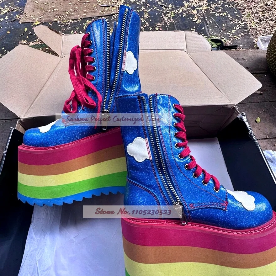Blue Glitter Cloud Star Ankle Boots Rainbow StripedPlatform Lace-Up Wedged Boots Layered Sole Festival Cosplay Gothic Shoes
