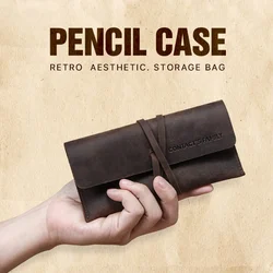 Handmade Vintage Leather Bundled Pen Pencil Case Bag Creative Pen Pouch Holder Large Capacity School Office Supplies Stationery