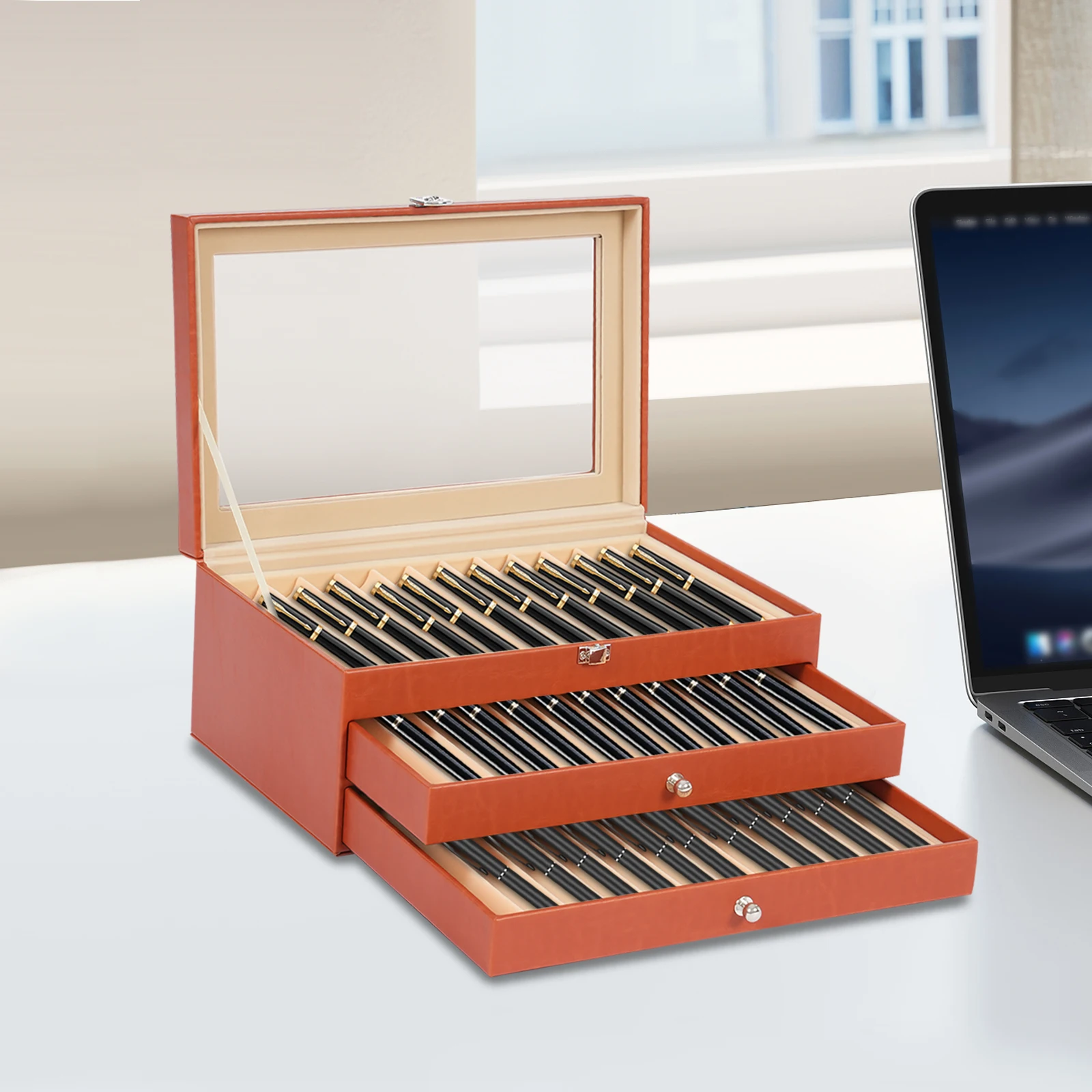 Retro Rectangular Pen Display Box 3-Tier Orange Pen Display Case 36 Slots Holder Leather Storage Collector Organizer Box