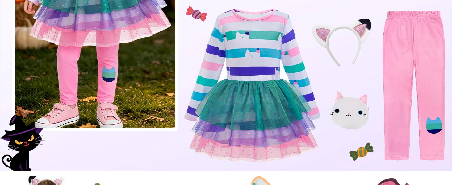 Neue Kinder-Freizeitsets Katzen-Regenbogen-Streifen-Mesh-Tutu-Kleid mit Hose Mädchen-Halloween-Outfit Karneval Geburtstagsparty-Geschenke – Detail 3