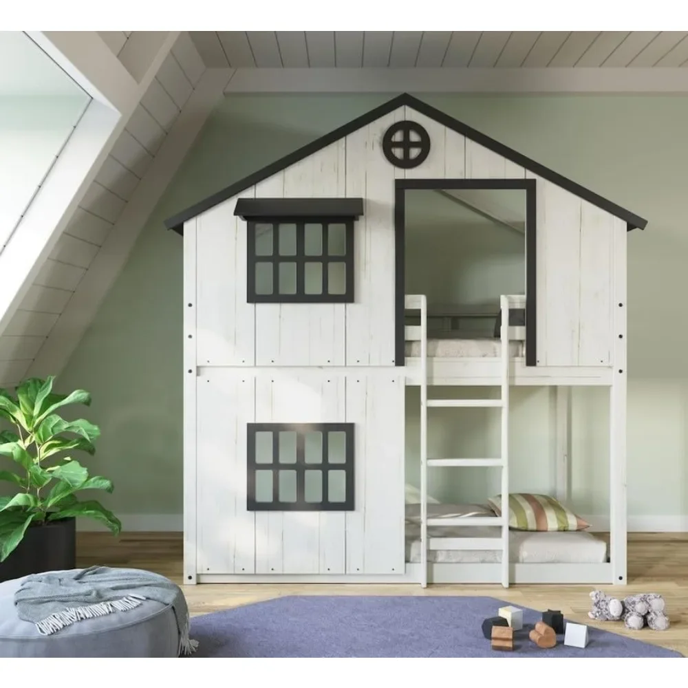 เด็ก Craft Modern Farmhouse Twin Over Twin เตียงสองชั้นสําหรับเด็ก,ต่ําไม้ Montessori เตียงสองชั้น, ง่ายต่อการเข้าถึงบันได Top Bunk