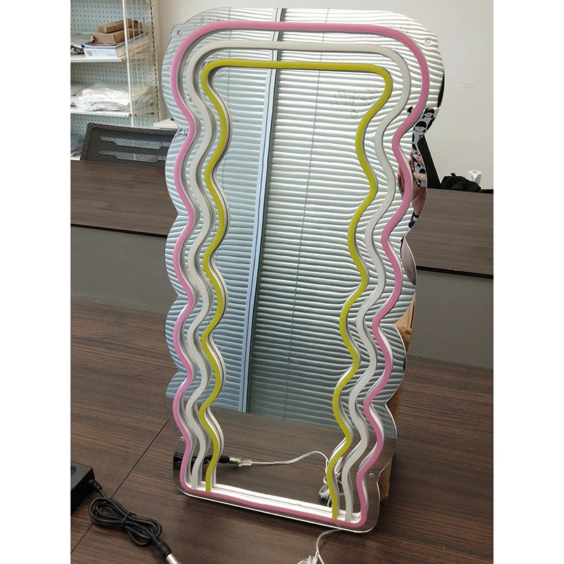 Wavy Mirror with LED Neon Lights LED Cosmetic Make Up Wave Mirror Night Lamp Girls Home Room Decoration Makeup Mirror Lights