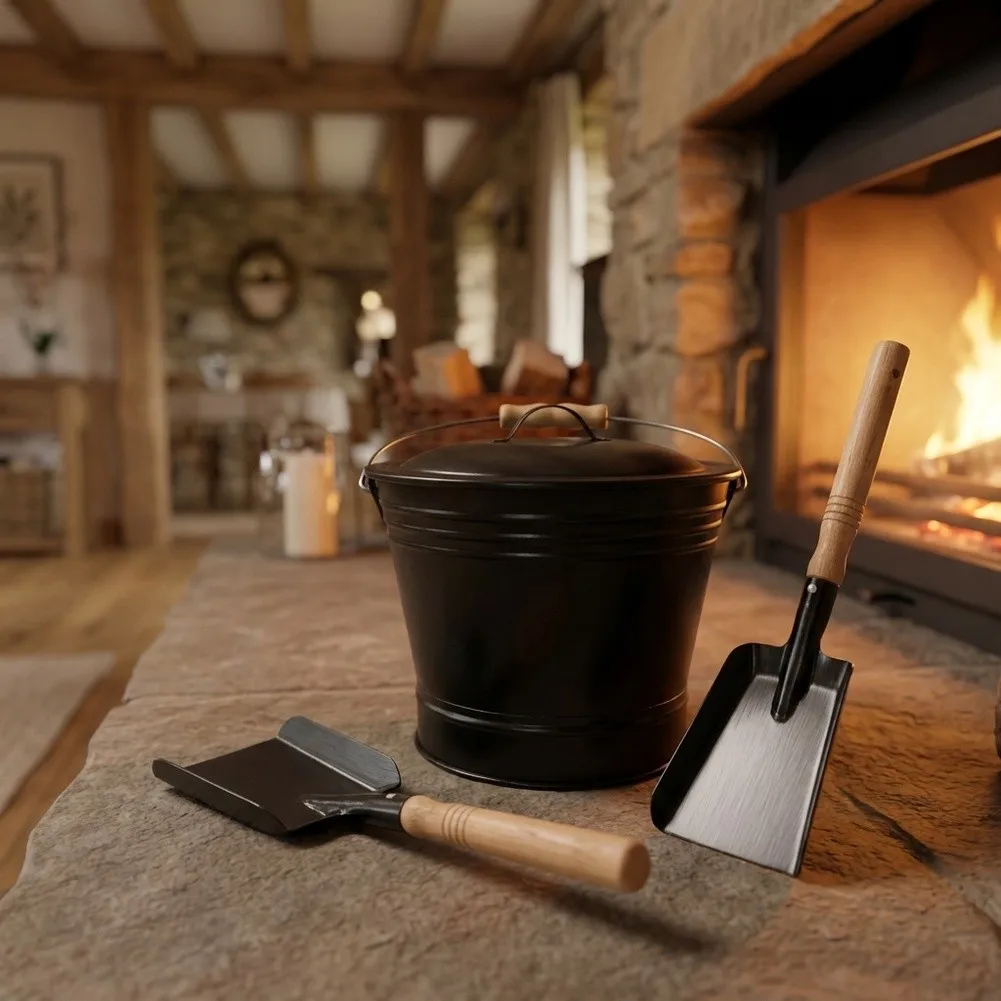 Metal Ash Holder Ash Bucket With Lid For Home Heating Heat Resistant Base Thermal Insulation Bottom Wooden Grip Handle