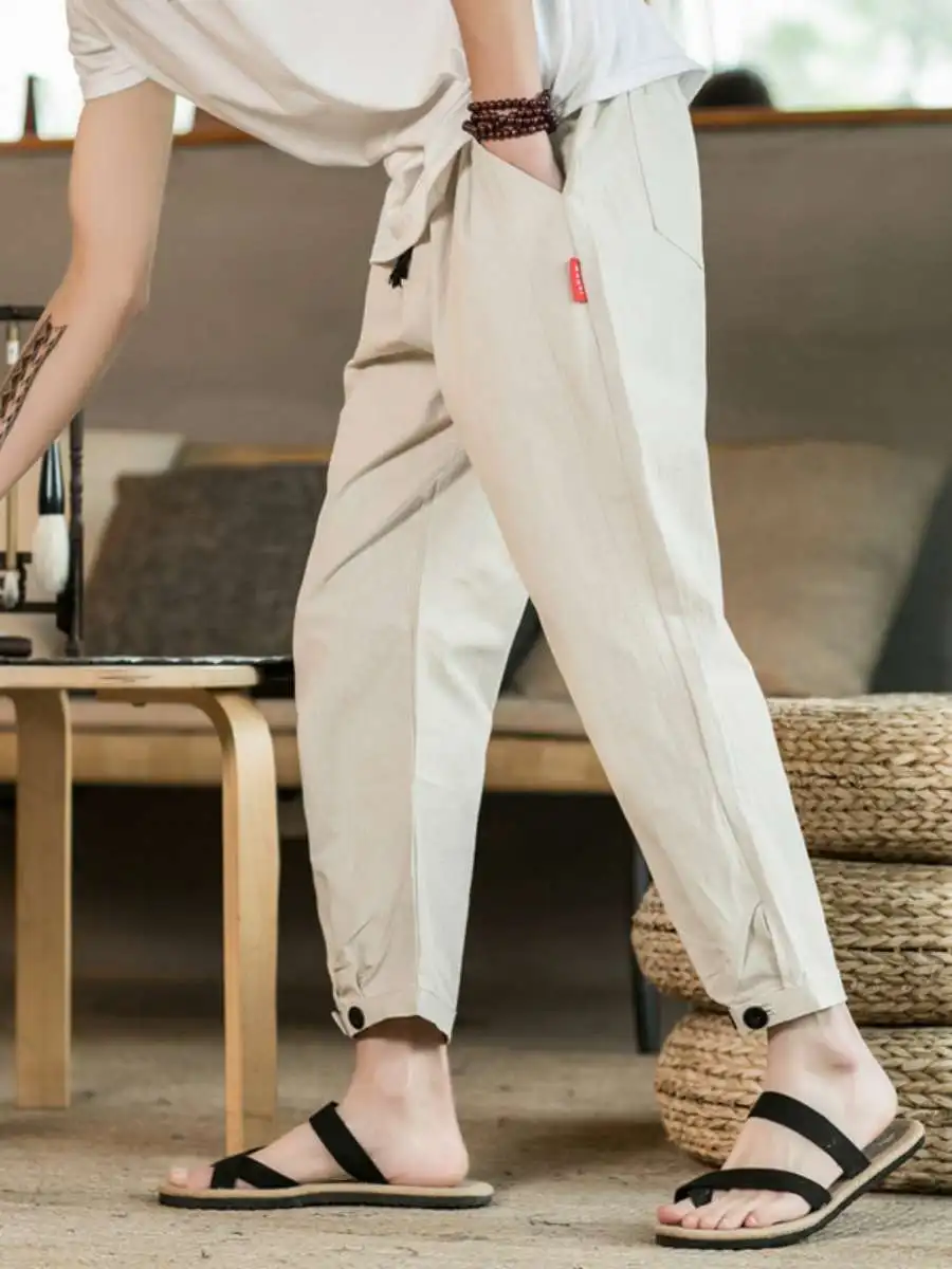

Men's Summer Cotton Linen Casual Pants Loose Nine-Piece M Model Pure Color Comfortable Breathable Straight Leg Trousers