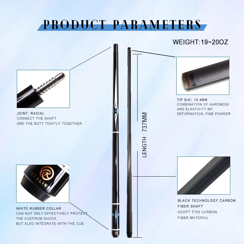 1/2 Carbon Fiber Snooker/Billiard Cue - 12.4mm Tip & Radial Joint ( Grade Pool Cue)